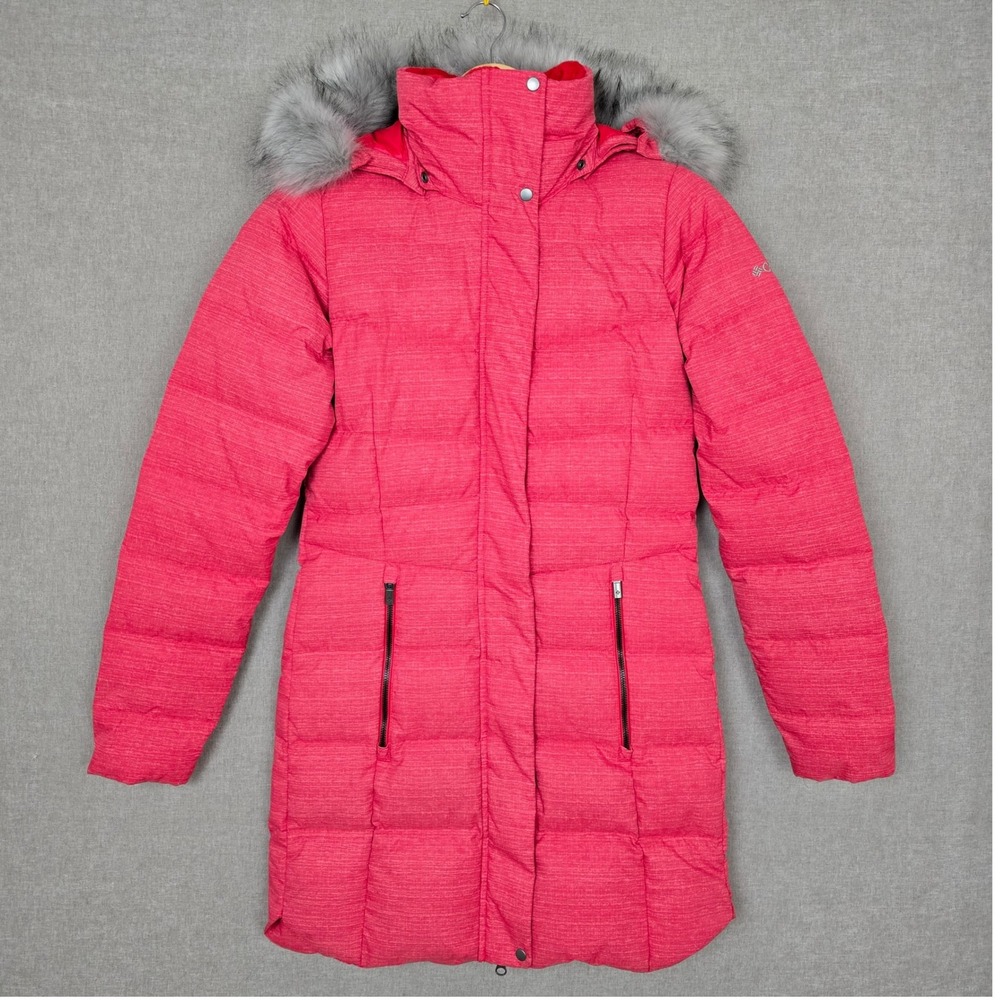 Columbia Women's Pink Puffer Long Duck Down Parka Coat Faux Fur Hood Size Small
